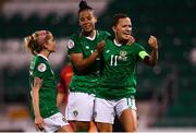 3 September 2019; Katie McCabe of Republic of Ireland celebrates after scoring her side's second goal, a penalty, with team-mates Rianna Jarrett, centre, and Denise O'Sullivan, left, during the UEFA Women's 2021 European Championships Qualifier - Group I match between Republic of Ireland and Montenegro at Tallaght Stadium in Dublin. Photo by Stephen McCarthy/Sportsfile