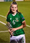 3 September 2019; Tyler Toland of Republic of Ireland with her Player of The Match award following the UEFA Women's 2021 European Championships Qualifier - Group I match between Republic of Ireland and Montenegro at Tallaght Stadium in Dublin. Photo by Stephen McCarthy/Sportsfile