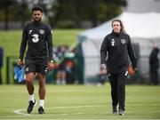 4 September 2019; Cyrus Christie and Holi Smith, International Football Operations Manager, during a Republic of Ireland training session at the FAI National Training Centre in Abbotstown, Dublin. Photo by Stephen McCarthy/Sportsfile