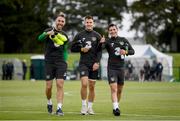 4 September 2019; Richard Keogh, left, James Collins and Josh Cullen, right, during a Republic of Ireland training session at the FAI National Training Centre in Abbotstown, Dublin. Photo by Stephen McCarthy/Sportsfile