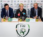 4 September 2019; Newly appointed Republic of Ireland women's national team manager Vera Pauw, FAI General Manager Noel Mooney, left, and FAI High Performance Director Ruud Dokter, right, during a press conference at the FAI National Training Centre in Abbotstown, Dublin. Photo by Stephen McCarthy/Sportsfile