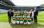 1 September 2019; INTO President Fergal Broughan, Cumann na mBunscol Chairperson Mairead O'Callaghan, President of the LGFA Marie Hickey, Uachtarán Chumann Lúthchleas Gael John Horan, with the Kerry team, back row, left to right, Stephen Murphy, Scoil Mhuire, Tallow, Co Waterford, Killian Mulvey, Fenagh NS, Ballinamore, Leitrim, Kevin Fakova, Loch Gowna NS, Gowna, Cavan, Colm O'Mahoney, St. Mary’s CBS, Clonmel, Tipperary, Eoghan Nerey, Scoil Naomh Mhuire, Keash, Ballymote, Sligo, front row, left to right, Michael Duffy, St. Patrick’s PS, Derrygonnelly, Fermanagh, Diarmuid McMahon, Lissycasey NS, Ennis, Clare, Seaghan McCormaick, Scoil Tabhóg, An Chlochán, Leifir, Dún na nGall, Hugh Lenihan, St. Brendan’s NS, Fenit, Kerry, Seán Óg Bergin, The Don NS, Ballaghaderreen, Roscommon, ahead of the INTO Cumann na mBunscol GAA Respect Exhibition Go Games at the GAA Football All-Ireland Senior Championship Final match between Dublin and Kerry at Croke Park in Dublin. Photo by Daire Brennan/Sportsfile