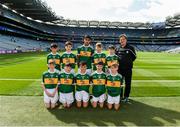 1 September 2019; The Kerry team, back row, left to right, Stephen Murphy, Scoil Mhuire, Tallow, Co Waterford, Killian Mulvey, Fenagh NS, Ballinamore, Leitrim, Kevin Fakova, Loch Gowna NS, Gowna, Cavan, Colm O'Mahoney, St. Mary’s CBS, Clonmel, Tipperary, Eoghan Nerey, Scoil Naomh Mhuire, Keash, Ballymote, Sligo, front row, left to right, Michael Duffy, St. Patrick’s PS, Derrygonnelly, Fermanagh, Diarmuid McMahon, Lissycasey NS, Ennis, Clare, Seaghan McCormaick, Scoil Tabhóg, An Chlochán, Leifir, Dún na nGall, Hugh Lenihan, St. Brendan’s NS, Fenit, Kerry, Seán Óg Bergin, The Don NS, Ballaghaderreen, Roscommon, ahead of the INTO Cumann na mBunscol GAA Respect Exhibition Go Games at the GAA Football All-Ireland Senior Championship Final match between Dublin and Kerry at Croke Park in Dublin. Photo by Daire Brennan/Sportsfile