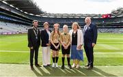 1 September 2019; INTO President Fergal Broughan, Cumann na mBunscol Chairperson Mairead O'Callaghan, President of the LGFA Marie Hickey, Uachtarán Chumann Lúthchleas Gael John Horan, with the referees Toby Devlin, St Pius X Boys' NS, Terenure, Dublin, and Nessa Haverty, St Brigid's GNS, Old Finglas Road, Glasnevin, Dublin, ahead of the INTO Cumann na mBunscol GAA Respect Exhibition Go Games at the GAA Football All-Ireland Senior Championship Final match between Dublin and Kerry at Croke Park in Dublin. Photo by Daire Brennan/Sportsfile
