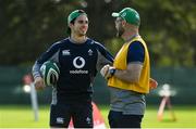 5 September 2019; Joey Carbery with scrum coach Greg Feek during Ireland Rugby squad training at Carton House in Maynooth, Kildare. Photo by Brendan Moran/Sportsfile
