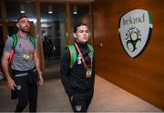 5 September 2019; Josh Cullen, right, and Richard Keogh of Republic of Ireland arrive prior to the UEFA EURO2020 Qualifier Group D match between Republic of Ireland and Switzerland at Aviva Stadium, Dublin. Photo by Stephen McCarthy/Sportsfile