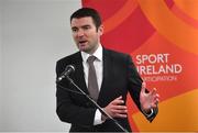 5 September 2019; Sport Ireland today announced a multi-year investment of over €3 million in National Governing Bodies of Sport through the re-launched Women in Sport Programme. Through the Women in Sport Programme, many National Governing Bodies for Sport have developed innovative programmes which target groups of young girls, teenage girls and older adults. While active participation remains important, the areas of leadership, coaching and officiating have become a key focus for many of the National Governing Bodies. Minister for Tourism and Sport Brendan Griffin speaking during a Sport Ireland Announcement of the multi-year investment in National Governing Bodies of Sport at the National Indoor Arena in Abbotstown, Dublin.  Photo by David Fitzgerald/Sportsfile