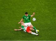 5 September 2019; Enda Stevens of Republic of Ireland  is tackled by Nico Elvedi of Switzerland during the UEFA EURO2020 Qualifier Group D match between Republic of Ireland and Switzerland at Aviva Stadium, Dublin. Photo by Eóin Noonan/Sportsfile