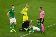 5 September 2019; Richard Keogh of Republic of Ireland receives medical attention on the pitch during the UEFA EURO2020 Qualifier Group D match between Republic of Ireland and Switzerland at Aviva Stadium, Dublin. Photo by Eóin Noonan/Sportsfile