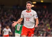 5 September 2019; Fabian Schär of Switzerland celebrates after scoring his side's first goal of the game during the UEFA EURO2020 Qualifier Group D match between Republic of Ireland and Switzerland at Aviva Stadium, Lansdowne Road in Dublin. Photo by Ben McShane/Sportsfile