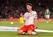 5 September 2019; Fabian Schär of Switzerland celebrates after scoring his side's first goal of the game during the UEFA EURO2020 Qualifier Group D match between Republic of Ireland and Switzerland at Aviva Stadium, Lansdowne Road in Dublin. Photo by Ben McShane/Sportsfile