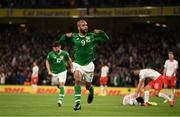 5 September 2019; David McGoldrick of Republic of Ireland celebrates after scoring his side's first goal during the UEFA EURO2020 Qualifier Group D match between Republic of Ireland and Switzerland at Aviva Stadium, Dublin. Photo by Stephen McCarthy/Sportsfile