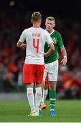 5 September 2019; James McClean of Republic of Ireland and Nico Elvedi of Switzerland shake hands following the UEFA EURO2020 Qualifier Group D match between Republic of Ireland and Switzerland at Aviva Stadium, Lansdowne Road in Dublin. Photo by Seb Daly/Sportsfile