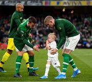 5 September 2019; Republic of Ireland's James McClean and his son Junior with Seamus Coleman prior to the UEFA EURO2020 Qualifier Group D match between Republic of Ireland and Switzerland at Aviva Stadium, Lansdowne Road in Dublin. Photo by Stephen McCarthy/Sportsfile