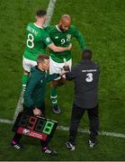 5 September 2019; David McGoldrick of Republic of Ireland is embraced by Alan Browne of Republic of Ireland after being substituted during the UEFA EURO2020 Qualifier Group D match between Republic of Ireland and Switzerland at Aviva Stadium, Lansdowne Road in Dublin. Photo by Eóin Noonan/Sportsfile