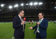 5 September 2019; Former Republic of Ireland goalkeeper David Forde is interviewed by Daniel Kelly of the FAI during the UEFA EURO2020 Qualifier Group D match between Republic of Ireland and Switzerland at Aviva Stadium, Lansdowne Road in Dublin. Photo by Stephen McCarthy/Sportsfile