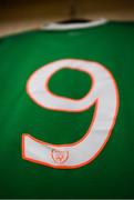 6 September 2019; A detailed view of the number 9 Republic of Ireland jersey hanging in their dressing room prior to the UEFA European U21 Championship Qualifier Group 1 match between Republic of Ireland and Armenia at Tallaght Stadium in Tallaght, Dublin. Photo by Stephen McCarthy/Sportsfile