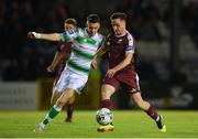 6 September 2019; Donal Higgins of Galway United in action against Dylan Watts of Shamrock Rovers during the Extra.ie FAI Cup Quarter-Final match between Galway United and Shamrock Rovers at Eamonn Deacy Park in Galway. Photo by Eóin Noonan/Sportsfile
