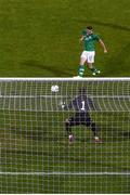 6 September 2019; Troy Parrott of Republic of Ireland scores his side's first goal past Armenia goalkeeper Sevak Aslanyan during the UEFA European U21 Championship Qualifier Group 1 match between Republic of Ireland and Armenia at Tallaght Stadium in Tallaght, Dublin. Photo by Stephen McCarthy/Sportsfile