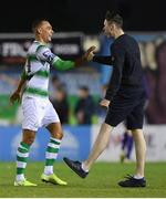 6 September 2019; Graham Burke of Shamrock Rovers celebrates with a supporter after team-mate Lee Grace scored his side's second goal during the Extra.ie FAI Cup Quarter-Final match between Galway United and Shamrock Rovers at Eamonn Deacy Park in Galway. Photo by Eóin Noonan/Sportsfile