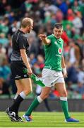 7 September 2019; Jonathan Sexton of Ireland speaks to Wayne Barnes at half-time during the Guinness Summer Series match between Ireland and Wales at Aviva Stadium in Dublin.Photo by Brendan Moran/Sportsfile