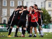7 September 2019; Bohemians players celebrate with manager Ronan Croke after winning the Megazyme Amputee Football League Cup Finals at Carlisle Grounds in Bray, Co Wicklow. Photo by Stephen McCarthy/Sportsfile
