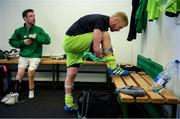 7 September 2019; Shamrock Rovers goalkeeper Patrick Hutton and Stephen Cahill, left, prepare for the Megazyme Amputee Football League Cup Finals at Carlisle Grounds in Bray, Co Wicklow. Photo by Stephen McCarthy/Sportsfile