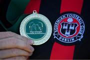 7 September 2019; A winners medal is seen alongside the Bohemians crest following the Megazyme Amputee Football League Cup Finals at Carlisle Grounds in Bray, Co Wicklow. Photo by Stephen McCarthy/Sportsfile