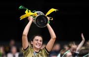8 September 2019; Kerry captain Niamh Leen lifts the Kathleen Mills Cup after the Liberty Insurance All-Ireland Premier Junior Camogie Championship Final match between Kerry and Limerick at Croke Park in Dublin. Photo by Piaras Ó Mídheach/Sportsfile
