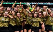 8 September 2019; Kerry captain Niamh Leen and her team-mates celebrate with the Kathleen Mills Cup after the Liberty Insurance All-Ireland Premier Junior Camogie Championship Final match between Kerry and Limerick at Croke Park in Dublin. Photo by Piaras Ó Mídheach/Sportsfile