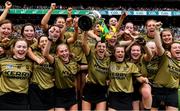 8 September 2019; Kerry captain Niamh Leen and her team-mates celebrate with the Kathleen Mills Cup after the Liberty Insurance All-Ireland Premier Junior Camogie Championship Final match between Kerry and Limerick at Croke Park in Dublin. Photo by Piaras Ó Mídheach/Sportsfile