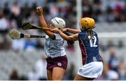 8 September 2019; Dervla Higgins of Galway in action against Megan Dowdall of Westmeath during the Liberty Insurance All-Ireland Intermediate Camogie Championship Final match between Galway and Westmeath at Croke Park in Dublin. Photo by Piaras Ó Mídheach/Sportsfile