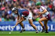 8 September 2019; Pamela Greville of Westmeath in action against Laura Ward of Galway during the Liberty Insurance All-Ireland Intermediate Camogie Championship Final match between Galway and Westmeath at Croke Park in Dublin. Photo by Piaras Ó Mídheach/Sportsfile