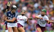 8 September 2019; Pamela Greville of Westmeath in action against Laura Ward of Galway during the Liberty Insurance All-Ireland Intermediate Camogie Championship Final match between Galway and Westmeath at Croke Park in Dublin. Photo by Piaras Ó Mídheach/Sportsfile