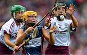 8 September 2019; Megan Dowdall of Westmeath is tackled by Laura Ward, left, and Ciara Donohue of Galway during the Liberty Insurance All-Ireland Intermediate Camogie Championship Final match between Galway and Westmeath at Croke Park in Dublin. Photo by Piaras Ó Mídheach/Sportsfile