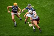 8 September 2019; Dervla Higgins of Galway in action against Megan Dowdall, left, and Mairead McCormack of Westmeath during the Liberty Insurance All-Ireland Intermediate Camogie Championship Final match between Galway and Westmeath at Croke Park in Dublin. Photo by Ramsey Cardy/Sportsfile