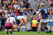 8 September 2019; Megan Dowdall, left, and Michelle Murtagh of Westmeath celebrate following the Liberty Insurance All-Ireland Intermediate Camogie Championship Final match between Galway and Westmeath at Croke Park in Dublin. Photo by Ramsey Cardy/Sportsfile