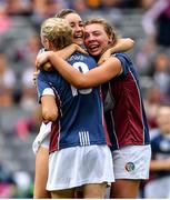 8 September 2019; Michelle Murtagh, left, Emma Flynn, centre, and Megan Dowdall of Westmeath celebrate following the Liberty Insurance All-Ireland Intermediate Camogie Championship Final match between Galway and Westmeath at Croke Park in Dublin. Photo by Ramsey Cardy/Sportsfile