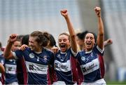 8 September 2019; Muireann Scally, left, Amy Cully, centre, and Sarah King of Westmeath celebrate following the Liberty Insurance All-Ireland Intermediate Camogie Championship Final match between Galway and Westmeath at Croke Park in Dublin. Photo by Ramsey Cardy/Sportsfile