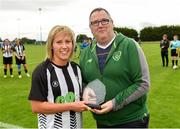 8 September 2019; Whitehall Rangers captain Charlie Graham is presented with the Player of the Match trophy by Derek Collins, FAI Women's Council, following the FAI Women’s Intermediate Shield Final match between Manulla FC and Whitehall Rangers at Mullingar Athletic FC in Mullingar, Co. Westmeath. Photo by Seb Daly/Sportsfile