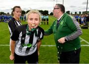 8 September 2019; Debbie Burnett of Whitehall Rangers celebrates with the medal following during the FAI Women’s Intermediate Shield Final match between Manulla FC and Whitehall Rangers at Mullingar Athletic FC in Mullingar, Co. Westmeath. Photo by Seb Daly/Sportsfile