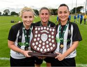 8 September 2019; Whitehall Rangers players, from left, Debbie Burnett, Sinead O'Kelly and Michelle Walls with the trophy following their side's victory during the FAI Women’s Intermediate Shield Final match between Manulla FC and Whitehall Rangers at Mullingar Athletic FC in Mullingar, Co. Westmeath. Photo by Seb Daly/Sportsfile