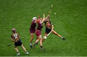 8 September 2019; Katie Power of Kilkenny in action against Shauna Healy, left, and Catriona Cormican of Galway during the Liberty Insurance All-Ireland Senior Camogie Championship Final match between Galway and Kilkenny at Croke Park in Dublin. Photo by Ramsey Cardy/Sportsfile
