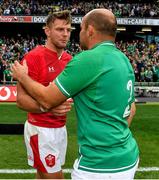 7 September 2019; Dan Biggar of Wales, left, with Rory Best of Ireland after the Guinness Summer Series match between Ireland and Wales at Aviva Stadium in Dublin. Photo by Brendan Moran/Sportsfile