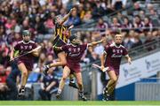 8 September 2019; Anna Farrell of Kilkenny passes off under pressure from Galway players, from left, Lorraine Ryan, Aoife Donohue and Sarah Dervan during the Liberty Insurance All-Ireland Senior Camogie Championship Final match between Galway and Kilkenny at Croke Park in Dublin. Photo by Piaras Ó Mídheach/Sportsfile