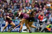 8 September 2019; Katie Power of Kilkenny in action against Heather Cooney, centre, and Aoife Donohue of Galway during the Liberty Insurance All-Ireland Senior Camogie Championship Final match between Galway and Kilkenny at Croke Park in Dublin. Photo by Piaras Ó Mídheach/Sportsfile