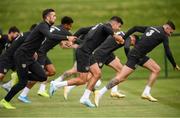 8 September 2019; Republic of Ireland players, from left, Shane Duffy, John Egan and Alan Browne during a training session at the FAI National Training Centre in Abbotstown, Dublin. Photo by Stephen McCarthy/Sportsfile