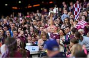 8 September 2019; Galway captain Sarah Dervan lifts the O'Duffy Cup following the Liberty Insurance All-Ireland Senior Camogie Championship Final match between Galway and Kilkenny at Croke Park in Dublin. Photo by Ramsey Cardy/Sportsfile