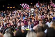8 September 2019; Galway captain Sarah Dervan lifts the O'Duffy Cup following the Liberty Insurance All-Ireland Senior Camogie Championship Final match between Galway and Kilkenny at Croke Park in Dublin. Photo by Ramsey Cardy/Sportsfile
