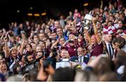 8 September 2019; Galway captain Sarah Dervan lifts the O'Duffy Cup following the Liberty Insurance All-Ireland Senior Camogie Championship Final match between Galway and Kilkenny at Croke Park in Dublin. Photo by Ramsey Cardy/Sportsfile